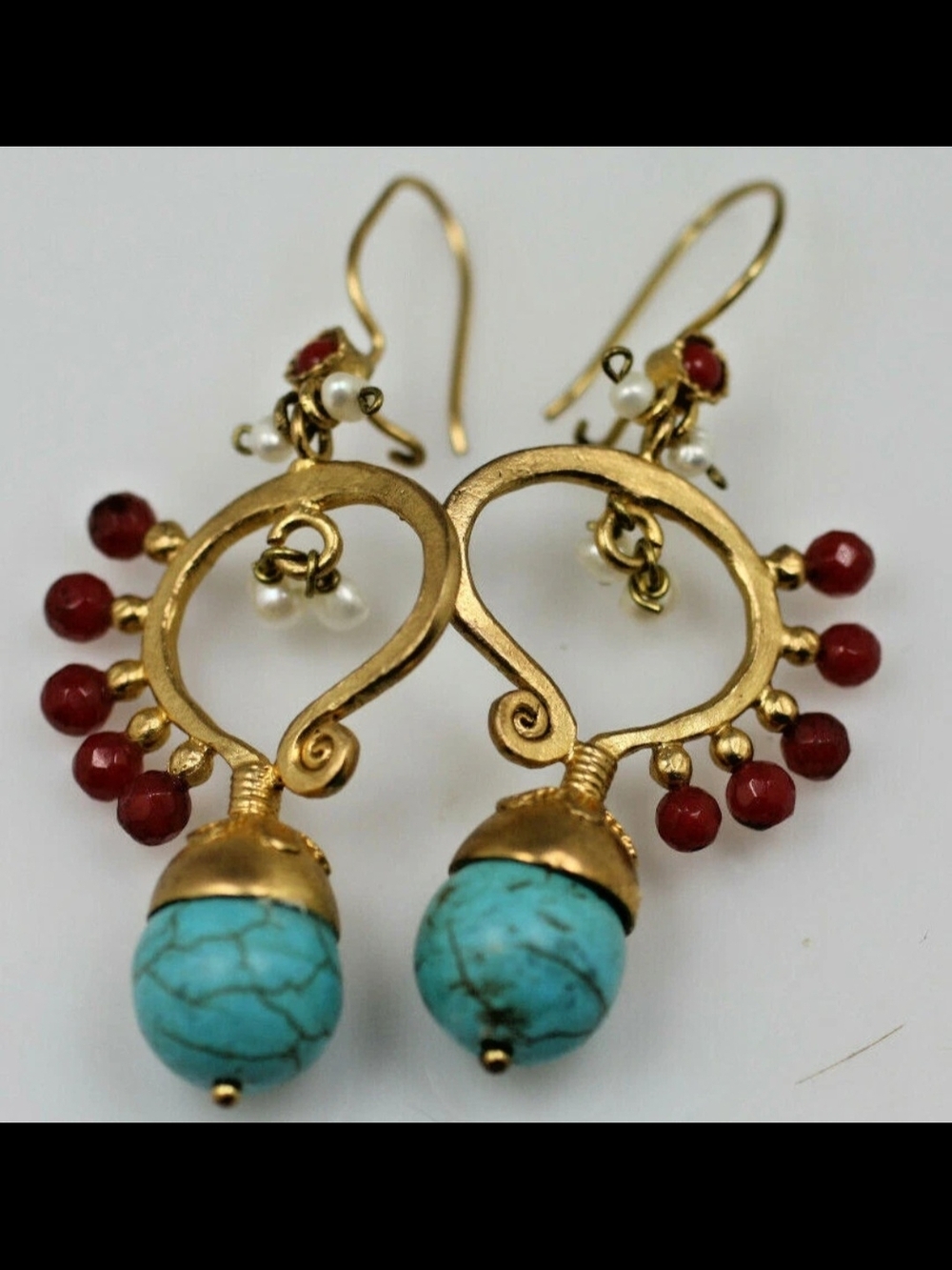Gold Hoop Earrings with Turquoise Drops and Red Bead Accents